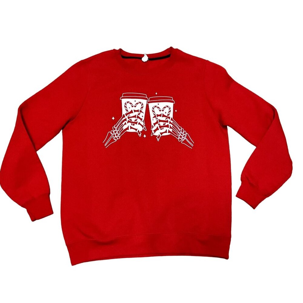 Red Skeleton Christmas Sweatshirt L Skeleton Hands Holding Cup by Concert Fleece